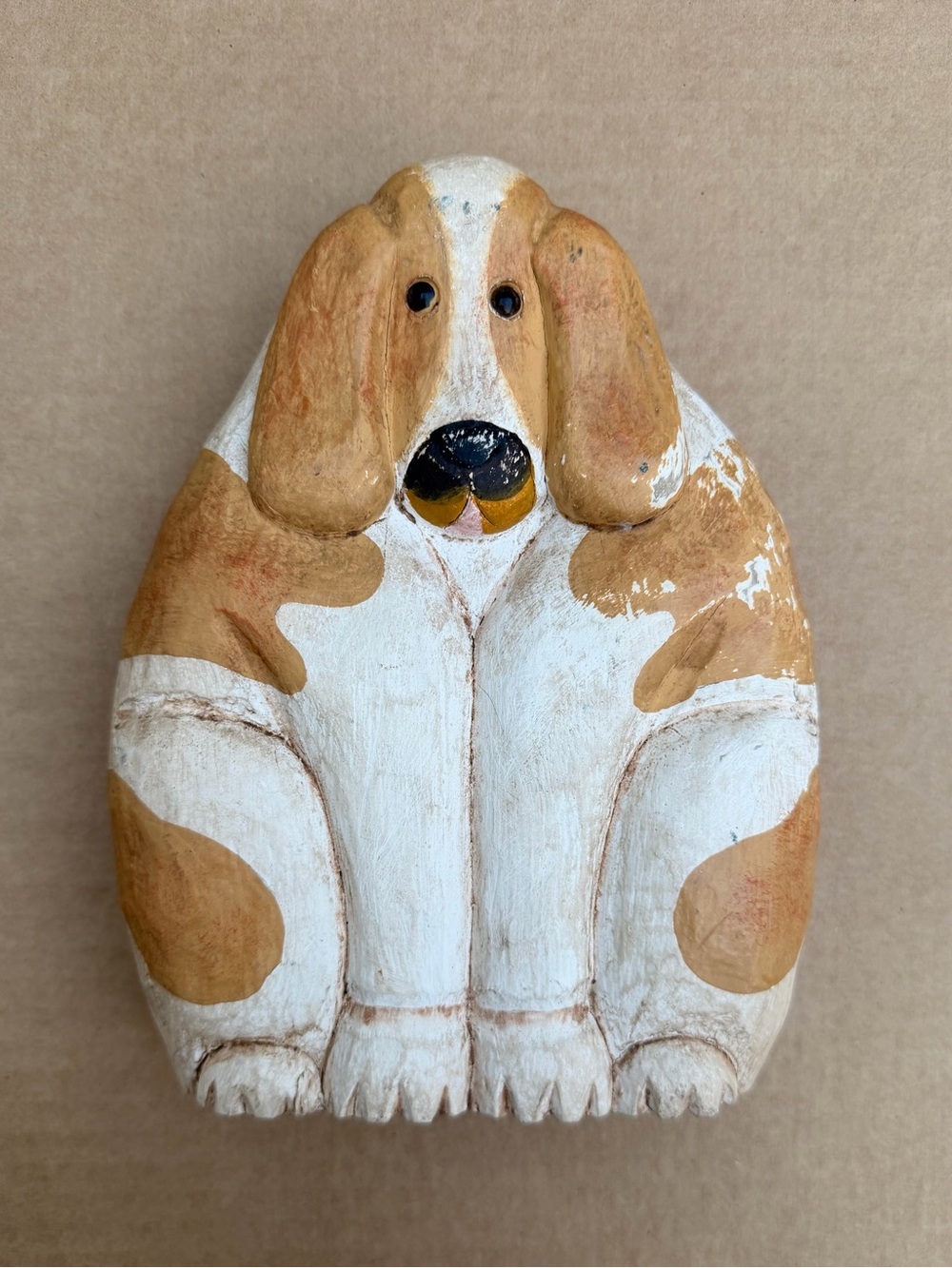 Folk Art Hand-Carved Wooden Basset Hound Dog Figurine Rustic 8.5”